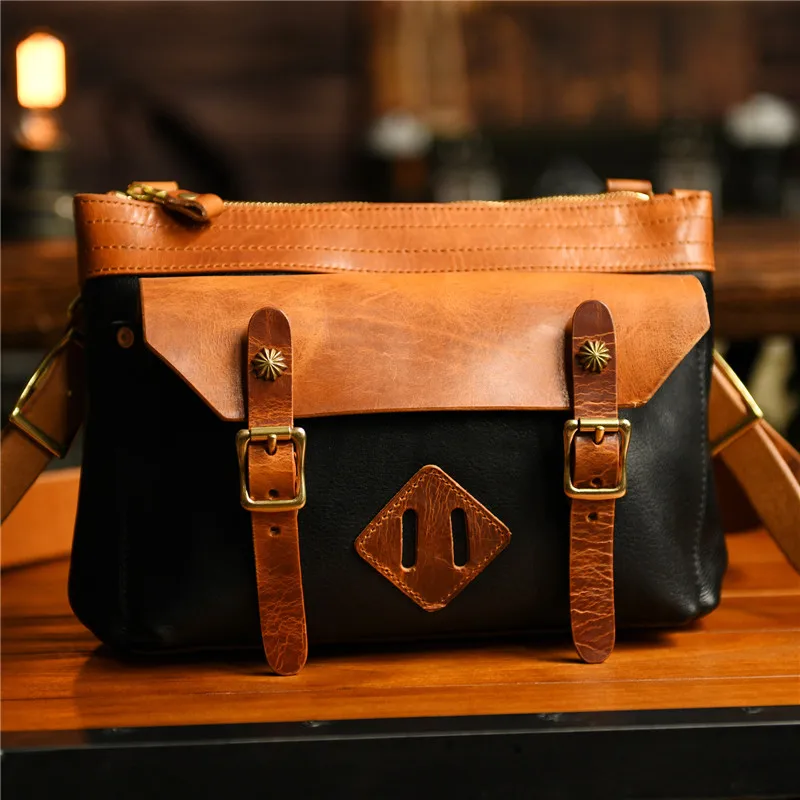 Vintage fashion high quality natural organizer genuine leather men diagonal bag luxury Man with wide shoulder strap shoulder bag