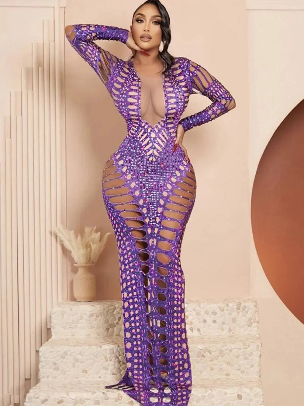 

Модное женское блестящее роскошное платье со стразами, с вырезами, в стиле знаменитостей, клуба, с фиолетовым кристаллом, с длинным рукавом, сексуальное облегающее длинное платье