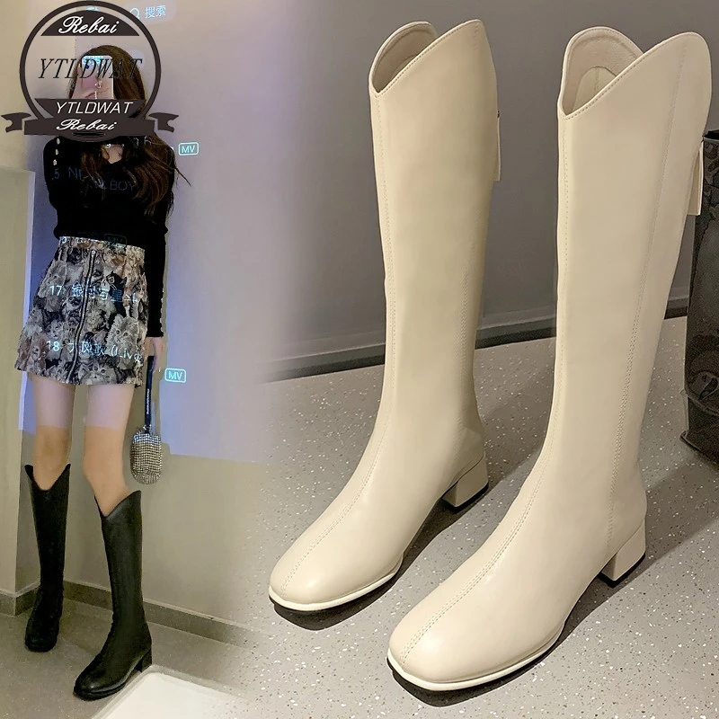 

Сапоги женские с квадратным носком, на толстых ножках, тонкие, Новинка осени 2022, рыцарские сапоги до колена на толстом каблуке, сапоги для же...