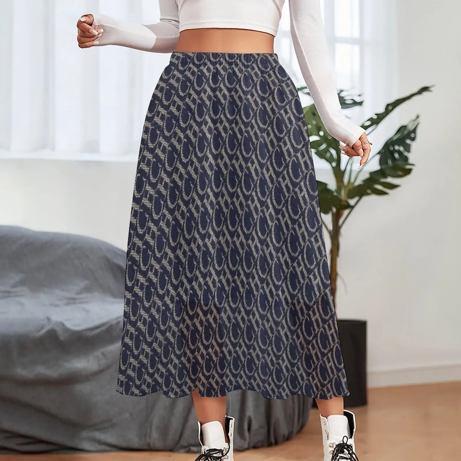 

Long Skirts Chiffon Drape Feeling Women Skirts Fasion Print Preppy Style A Line Ladies Casual Skirts Versatile Summer Beach Wear