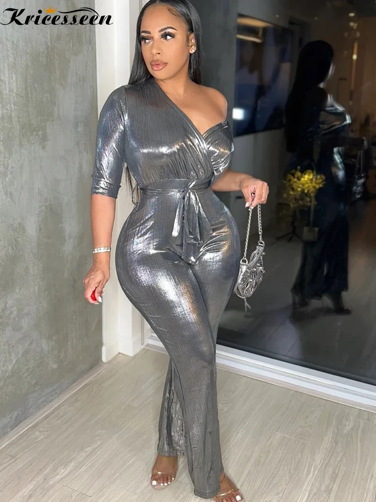 

Kricesseen Sexy Stamping Metallic Jumpsuit With Belts Women Deep V Neck Straight Rompers Bandage Clubwear Outfits Rave Wear