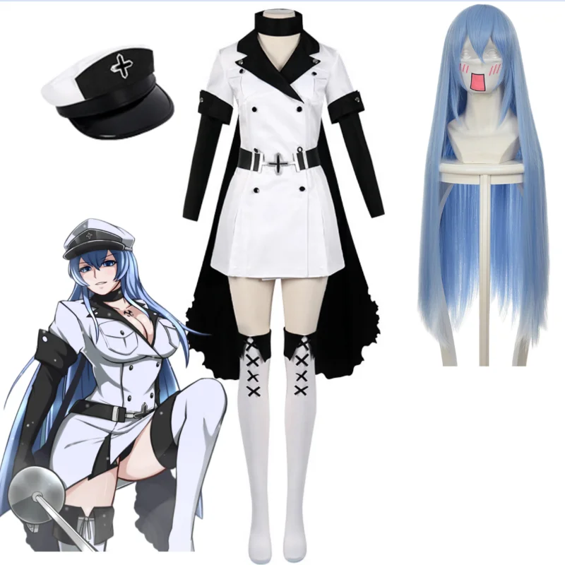 

Аниме Akame Ga KILL! Костюм для косплея Jaegers Esdeath Esdese, белый костюм, головной убор, носки, пояс, парик, полноценная униформа, костюмы на Хэллоуин