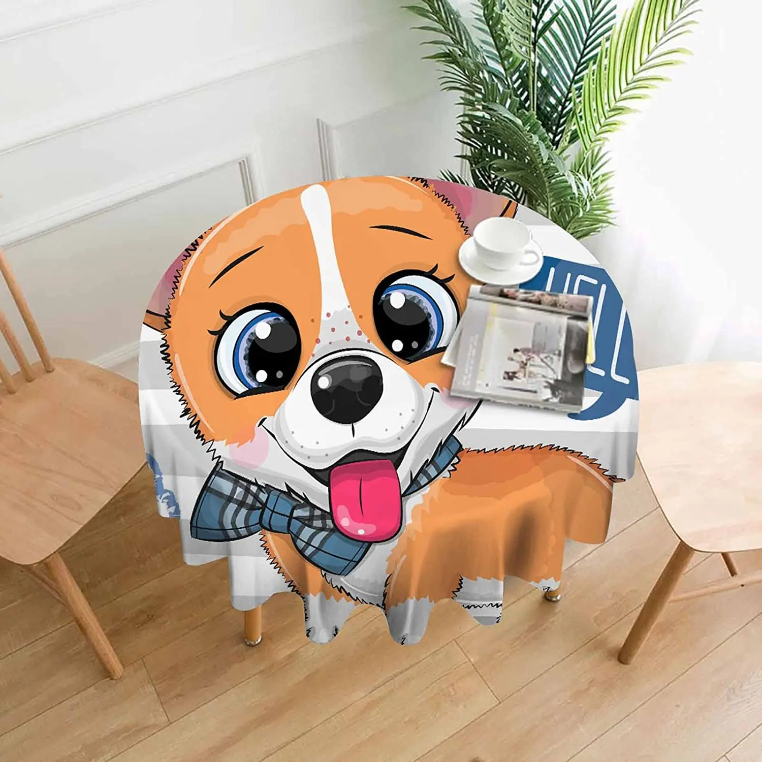 

Corgi Round Tablecloth,Cute Cartoon Dog Puppy Bowtie Brown Doggy Washable Waterproof Table Cloth Decorative Table Cover for Room