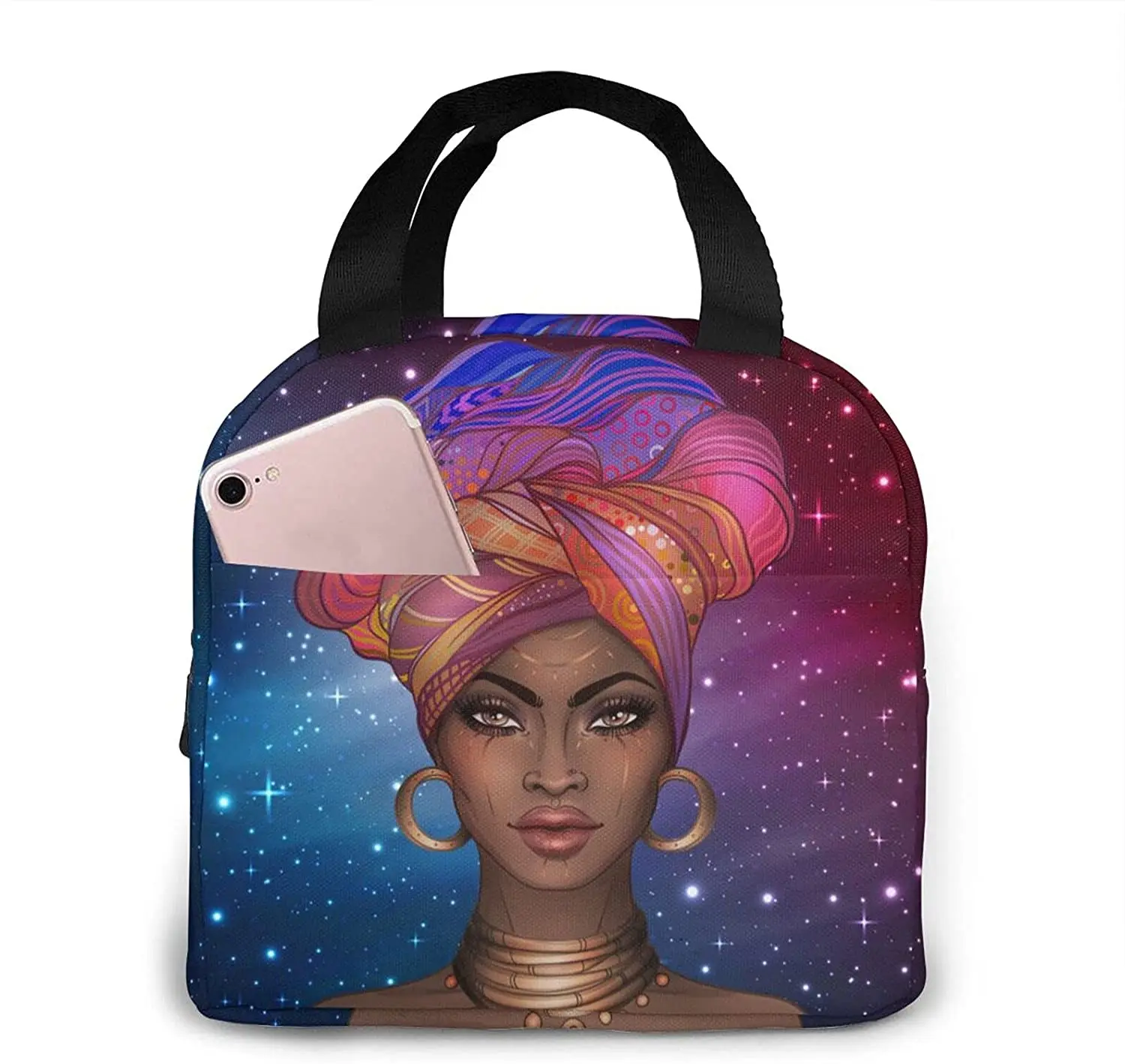 

African American Woman Starry Galaxy Background Lunch Bag Compact Tote Bag Reusable Lunch Box Container For Women Men