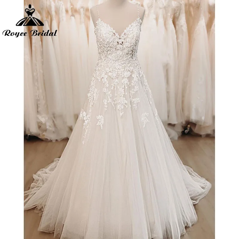 

Женское свадебное платье на бретельках, элегантное ТРАПЕЦИЕВИДНОЕ ПЛАТЬЕ С Бисером, кружевной аппликацией и открытой спиной, с V-образным в...