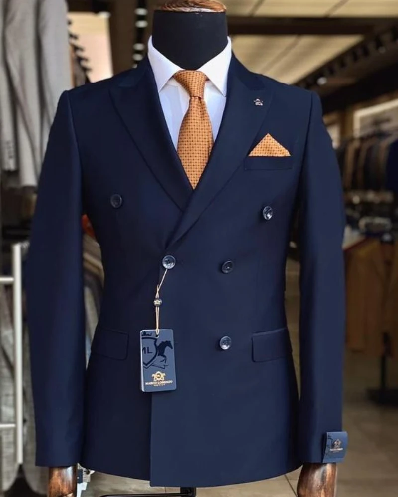 

New Navy Blue Mens Suits Slim Fit One Piece Groom Tuxedo Double Breasted Custom Made Jacket Social Business Prom Party Outwear