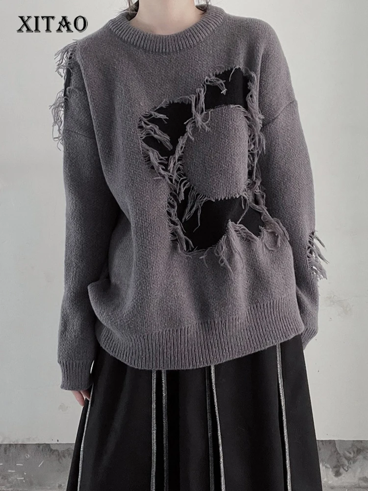 

Женский вязаный свитер с цветком XITAO, Свободный Повседневный пуловер контрастных цветов SMH10084