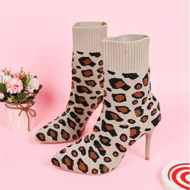 

Leopard Luxury Women Knitting Sock Boots High Heels Ankle Elegant Shoes Winter Designer New Pumps 2024 Women Pointed Toe Botas