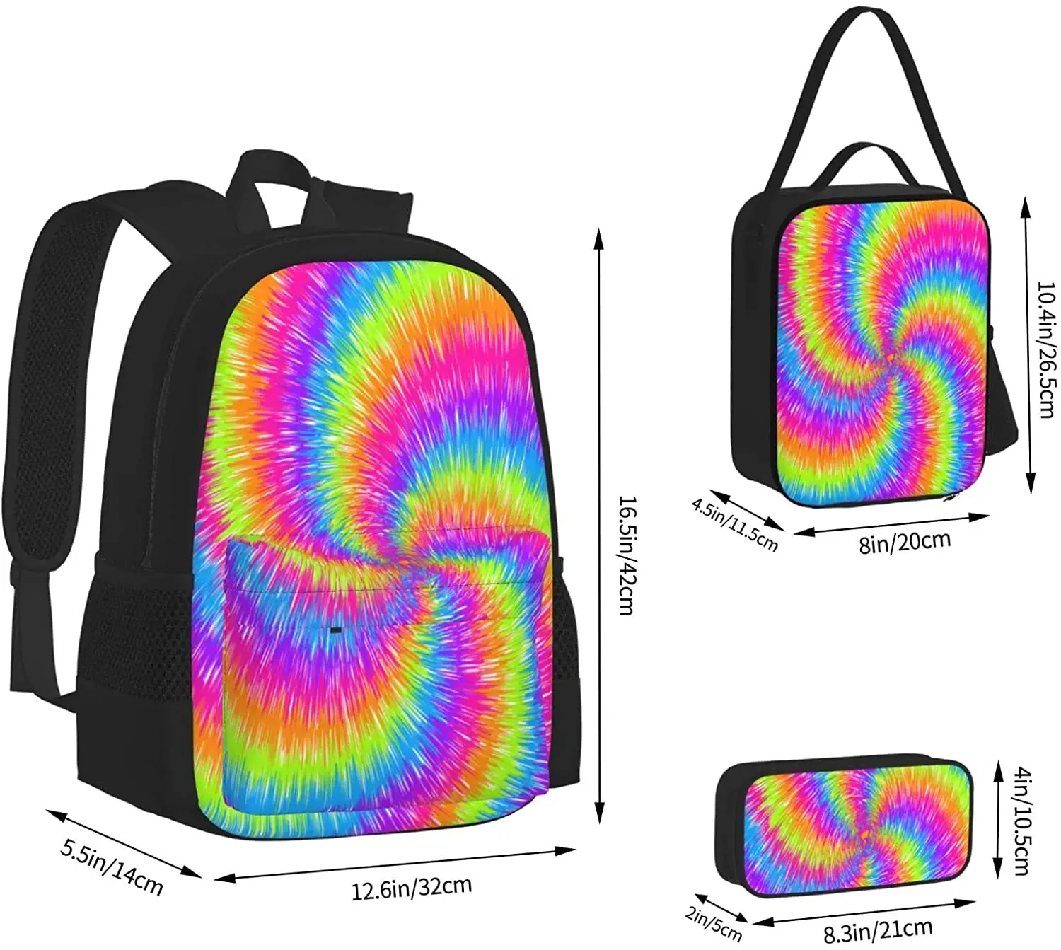 Kids School Backpack Tie Dye Spiral Schoolbag Travel Bag Casual Daypack Lunch Bag Pencil Case for Boys Teens Girls 3pcs Sets