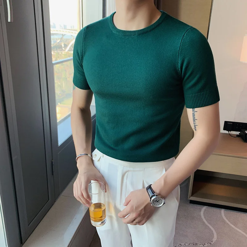 

2024 New Style Male Spring High Quality Knit Shirt With A round Neck/Men's Slim Fit Casual Short Sleeve Sweater S-4XL
