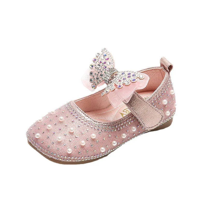 

New Kids Rhinestone Leather Shoes Girls Fashion Pearl Party Dance Performance Shoes Children Sequins Bow-knot Princess Shoe G732