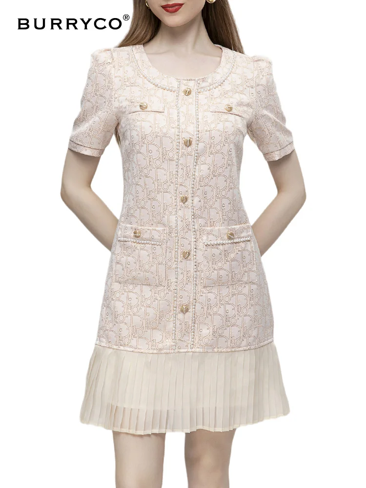BURRYCO Summer 2023 Women's Luxury Literature Gentle Fashion Print Hem Handmade Pleated Small Fragrant Dress