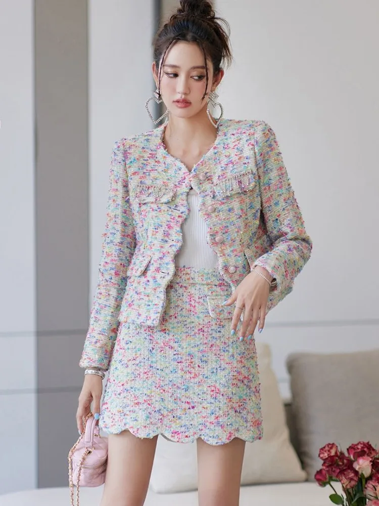Small Fragrance Autumn Winter Runway Wave Edge Colorful Tassles Tweed Woolen Short Jacket Coat+Mini Skirt Set Two Piece Outfits