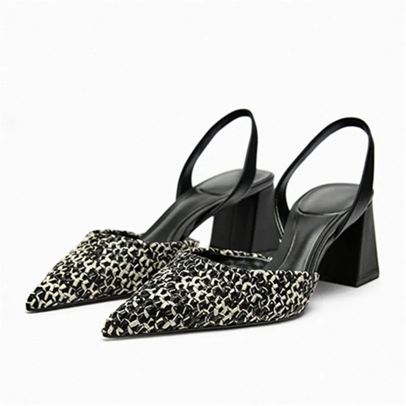 

Women's Sandals Summer 2023 Chunky High Heel Dress Shoes Pointed Toe Women Pumps Ladies Knitted Gladiator Stiletto Zapatos Mujer