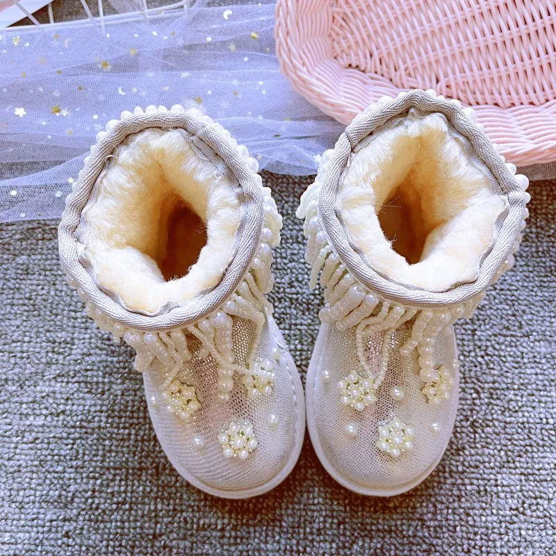 Зимние ботинки с белым жемчугом и бахромой для девочек 2023 роскошная теплая