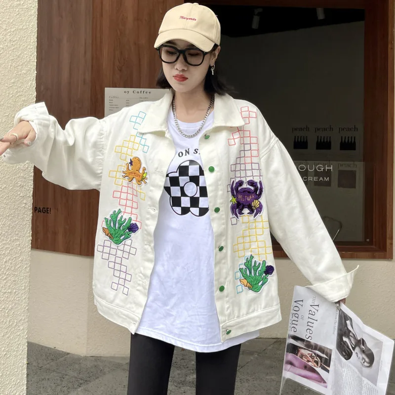 

Denim Jacket Women Korean Harajuku Kawaii Undersea Theme Patch Embroidered Autumn New Fashion Brand Loose Casual Cowboy Coat