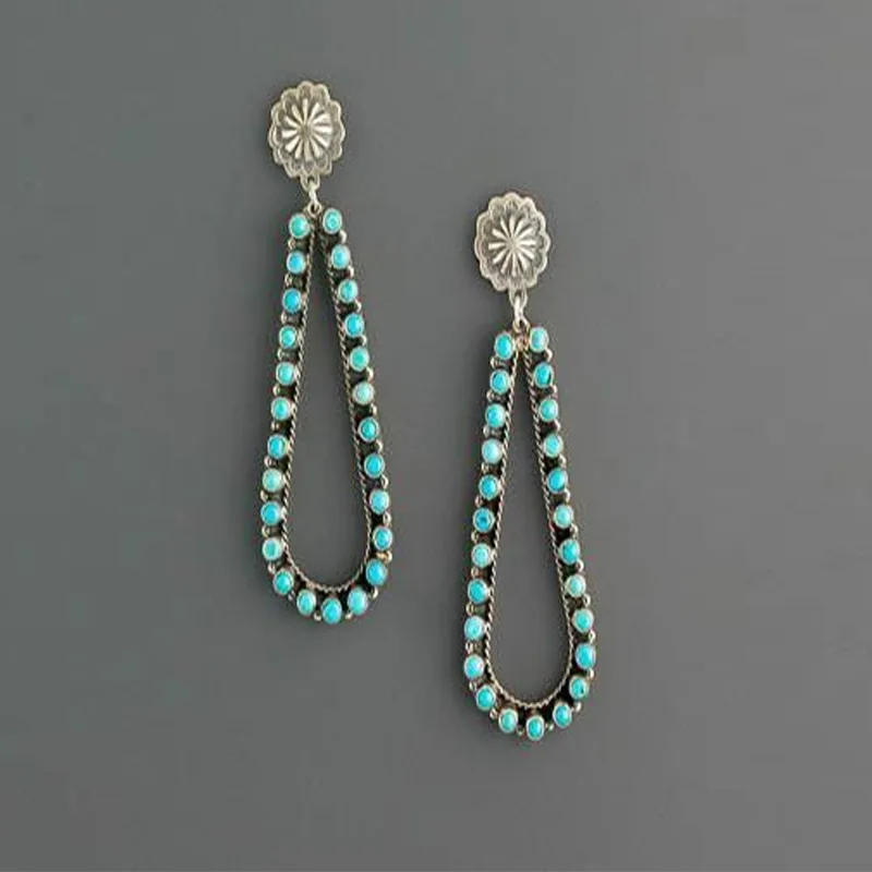 

Silver Color Water Drop Shape Studs Earring Vintage Ethnic Lots of little Turquoise Stones Dangle Earrings For Women Jewelry