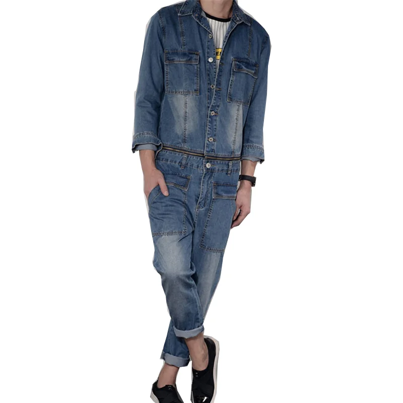 Men's Denim Bibs Blue Lapel Long Sleeve Jacket Hip Hop Street Style Detachable Waist Jeans Casual Pants