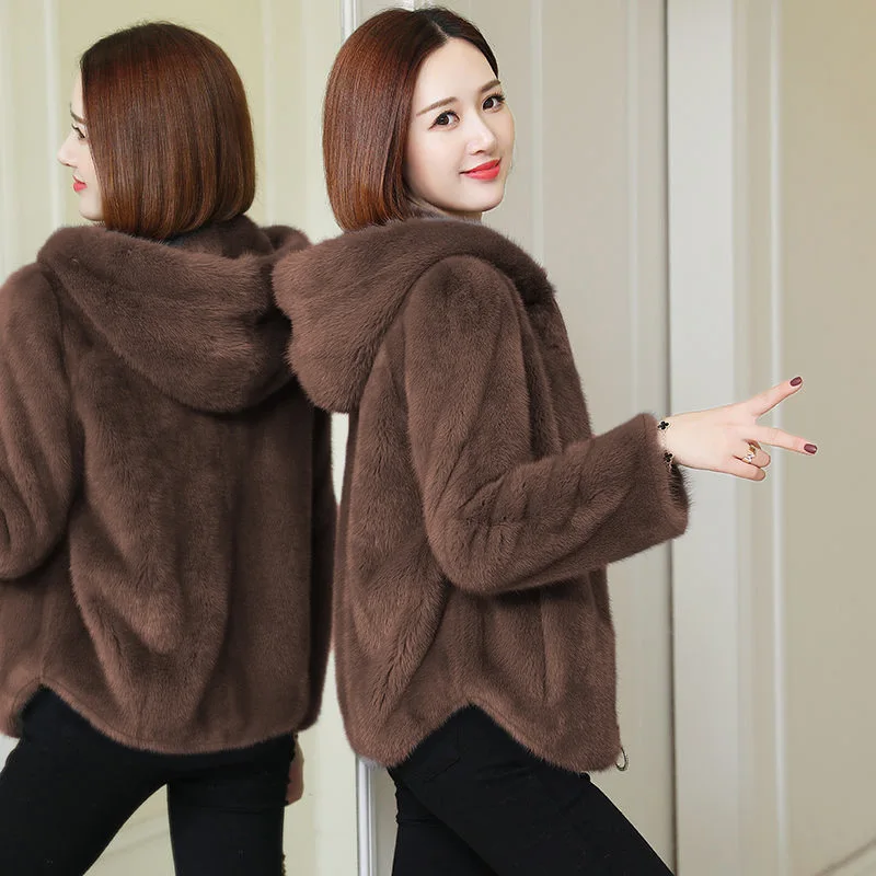 Women's Short Flannel Coat, Short Faux Rabbit Fur Jackets Skinny Girl Slim Winter Style, Girl Thickened Hooded Fur Coat Coat
