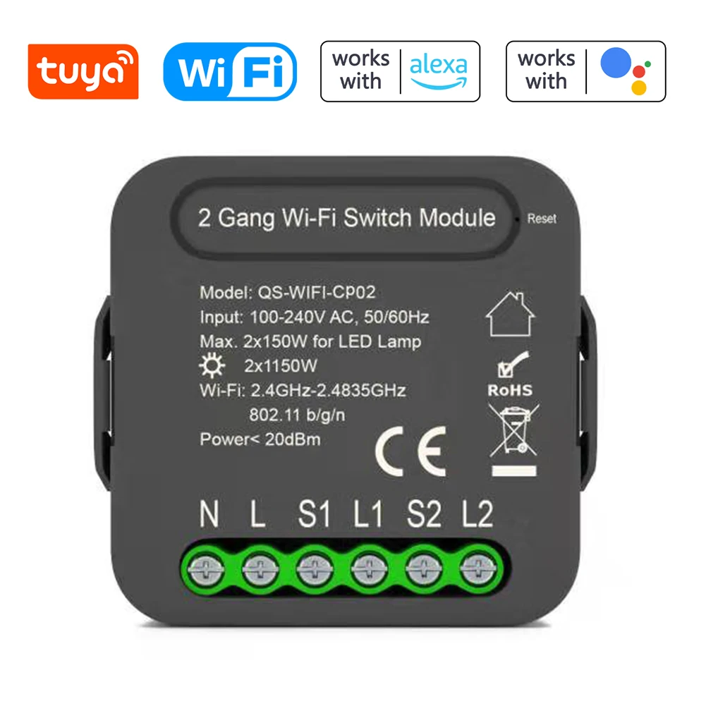 

QS-WIFI-CP02 Tuya WiFi Intelligent Switch Conversion Module 2 Gang Lighting Switch Module For Alexa Google Home Voice Control