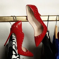 red leather rivets stiletto heel pumps pointed toe shallow party dress shoes slip on silver spikes celebrating pumps