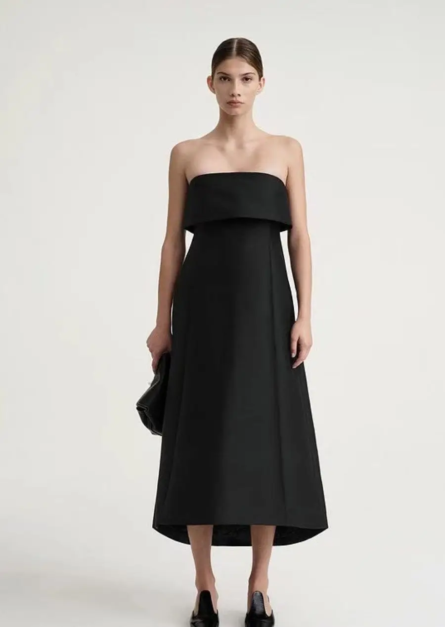Women Slash Neck Strapless High Waist A-Line Black Simple Midi Dress