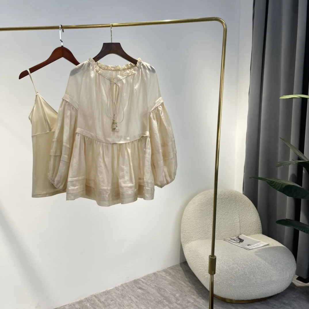 

2022 New Spring 100% Ramie Solid Beige Patchwork Blouses Women High Quality Lantern Sleeve Tops