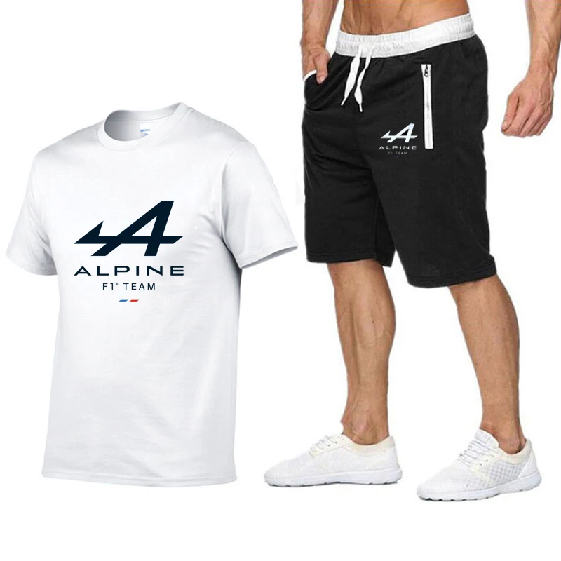 

New Summer Men's Suit Alpine F1 Team Fernando Alonso Print Pure Cotton T-shirt+Shorts Set Casual Shirts Biker Set