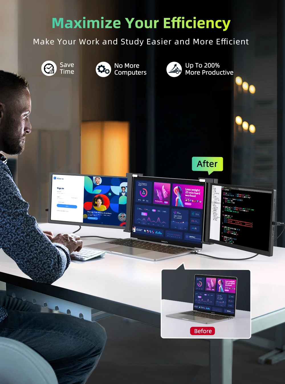 Фото Удлинитель для ноутбука UPERFECT, 14 дюймов, тройные портативные мониторы для Mac, Windows, ПК, FHD 1080P, мобильный дисплей с USB C HDMI №3