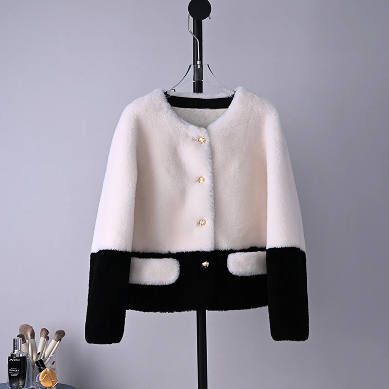 2023 Women Winter New Contrast Color Short Jackets Female Sheep Shearing Outerwear Ladies Round Neck Real Lamb Fur Coats R361