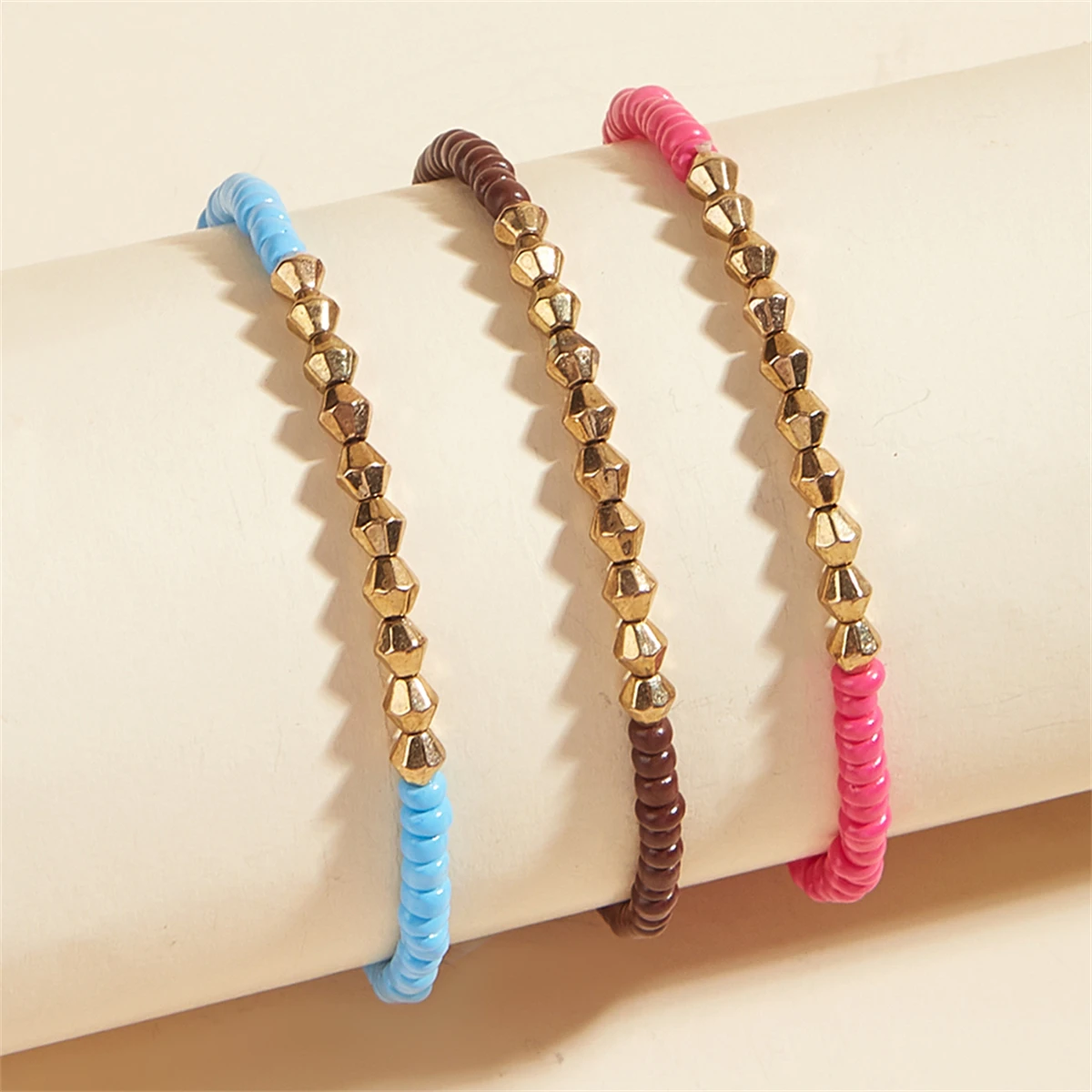 

Trendy Beaded Disc Elastic Bracelet 3 Piece Set, Golden Light Bead Rice Bead Bracelet for Women pulseras mujer brazaletes
