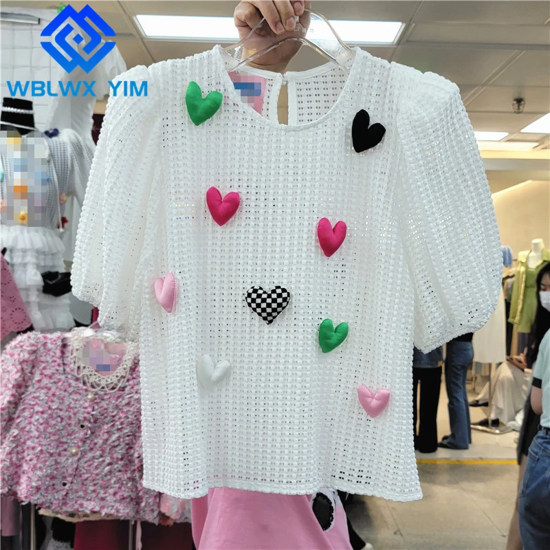 

Summer Knitting Tshirt Women Short Tees Fashion Heart Decoration Short Sleeve T-shirt Female Sexy Hollow Out T Shirt Loose Tops
