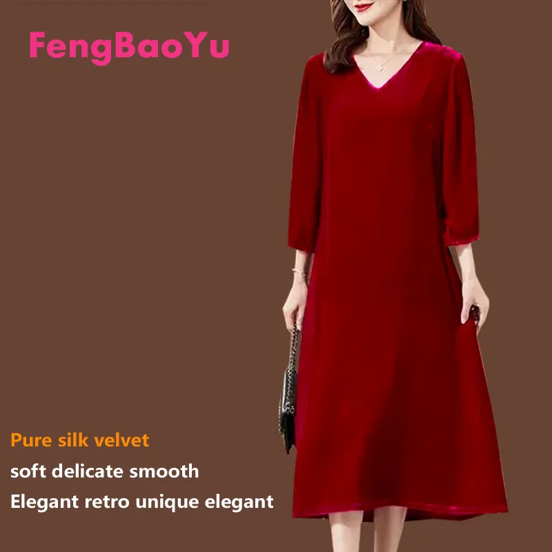 Fengbaoyu Silk Velvet Autumn Winter Lady's Seven-minute Sleeve V-neck Plus Size Knitted  Dress Women Clothing  Elegant  Luxury