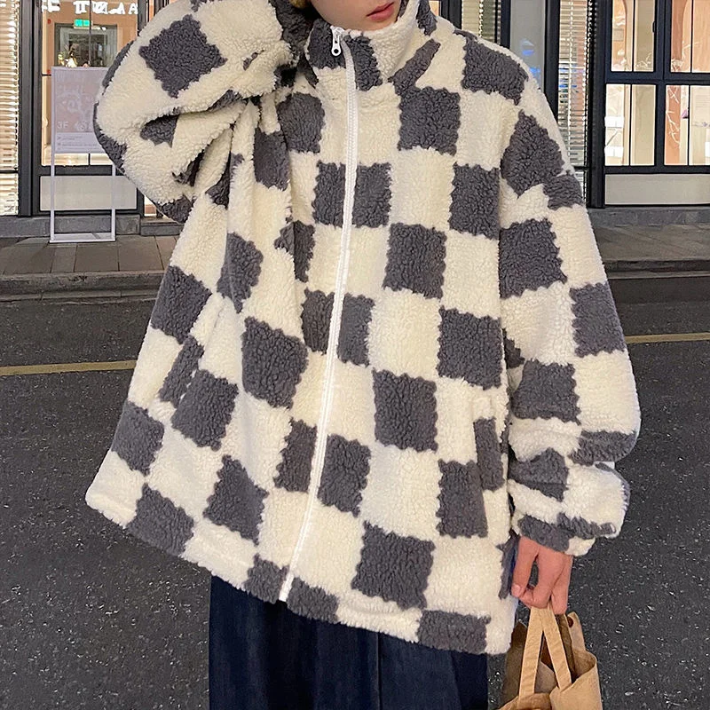 Winter Thick Jacket Men Warm Fashion Grey/Green Casual Plaid Coat Men Streetwear Loose Short Coat Mens Lambswool Jacket S-2XL