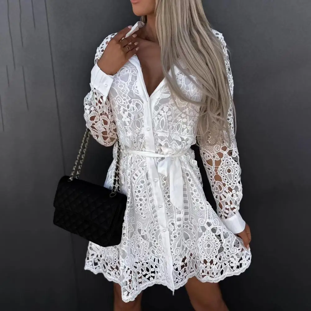 

Vintage Hollow Out Lace Floral Embroidery Dress Spring Autumn Women Stand Collar Lantern Sleeve High Waist Sashes Short Dresses