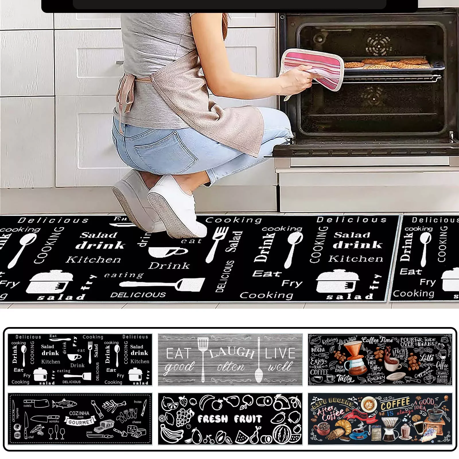 

NEW IN Nordic Kitchen Carpet For Floor Mat Mats Runner Bath Modern Long Traditional Washable Light Flower Fabric Black White Cof