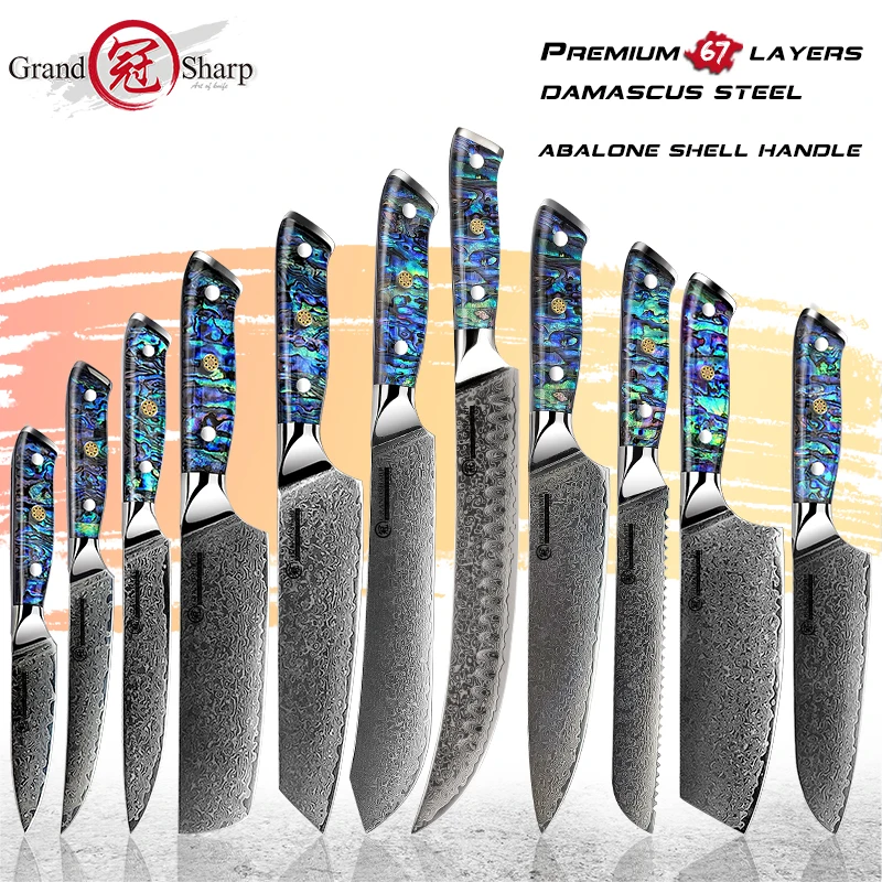 Grandsharp AUS10, дамасская сталь, кухонный искусственный шеф-нож, мясницкий нож для чистки стейка, нож для хлеба с ручкой в виде морской оболочки, 1-11 шт.