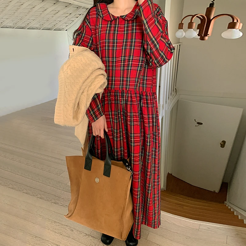 

A GIRLS Kimotimo Plaid Dress Women Korean Chic Vintage Age Reduction Peter Pan Collar Design Autumn Full Sleeve Loose Long