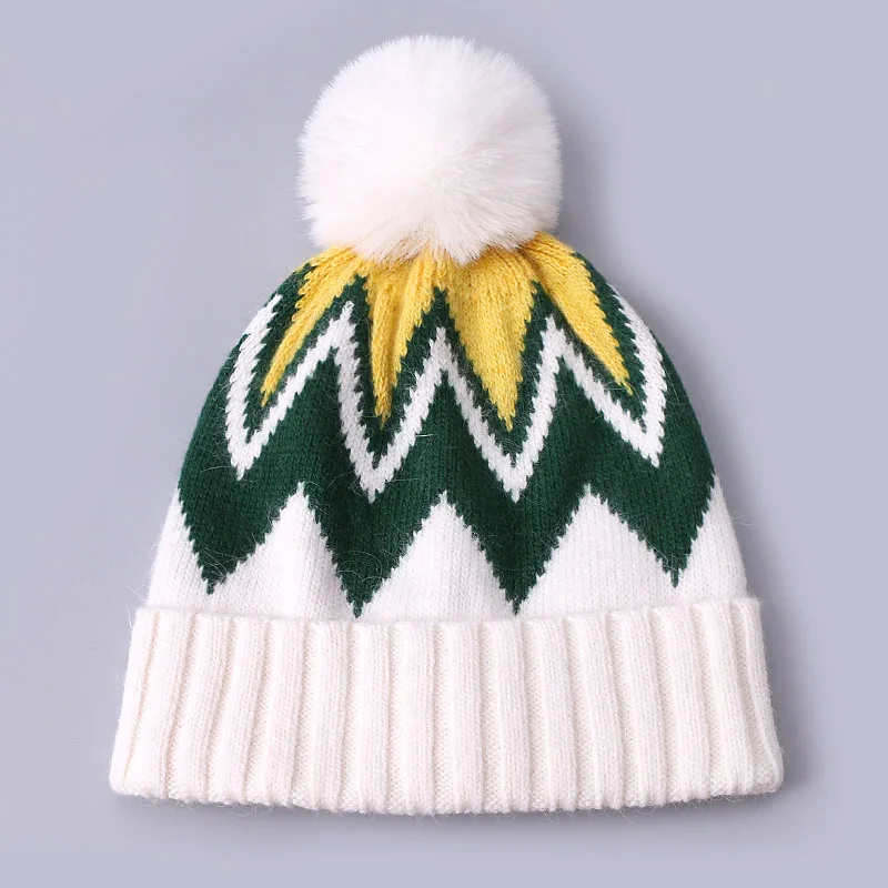 

Осенне-зимняя Шерстяная Шапка-бини с помпоном из искусственного меха, модная повседневная мягкая шапка в цветную полоску, уличные толстые теплые шапки в стиле