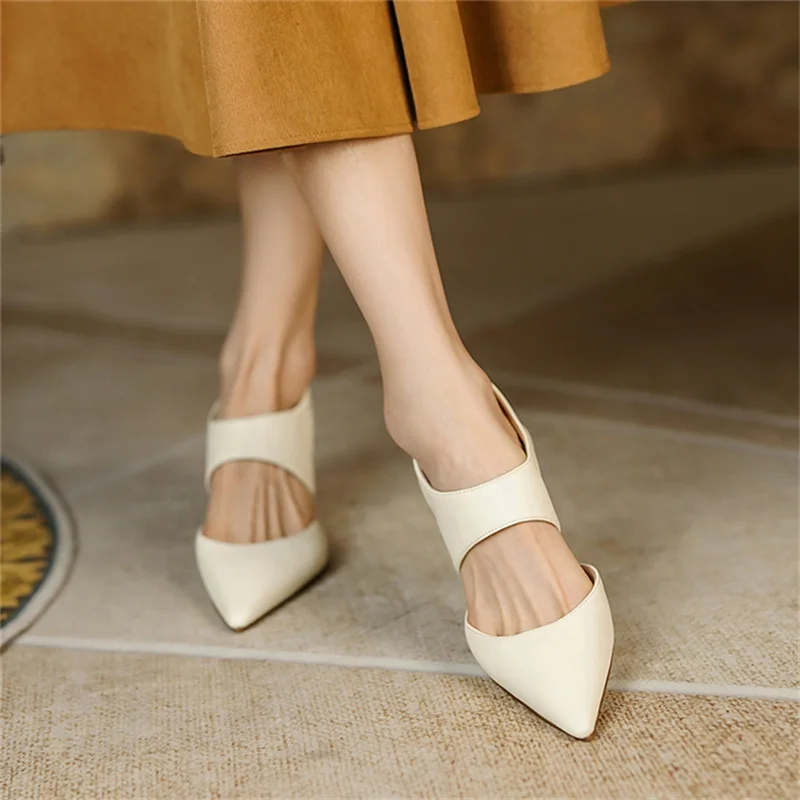 

Fashion Able Temperament Women's White Party Mid-heel Sandals 2023 Summer Pointy Fine Heel Women's Apricot Sandals
