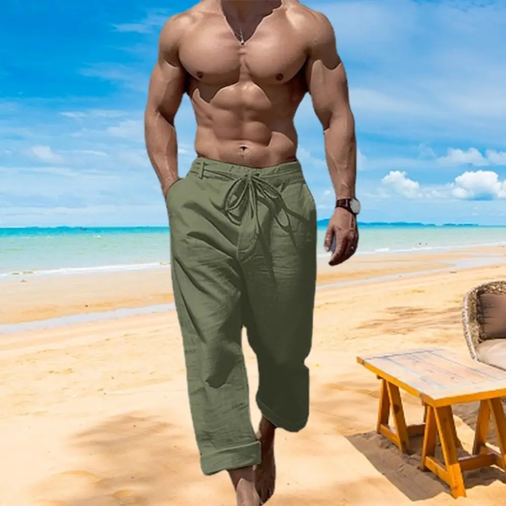 

Men Pants Solid Color Drawstring Waist Men Trousers Soft Breathable Long Pants Loose Pockets Mid Waist Casual Trousers