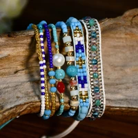 women bohemian bracelets spring summer beach party jewelry freshwater pearl blue crystal beads handmade weave bracelet
