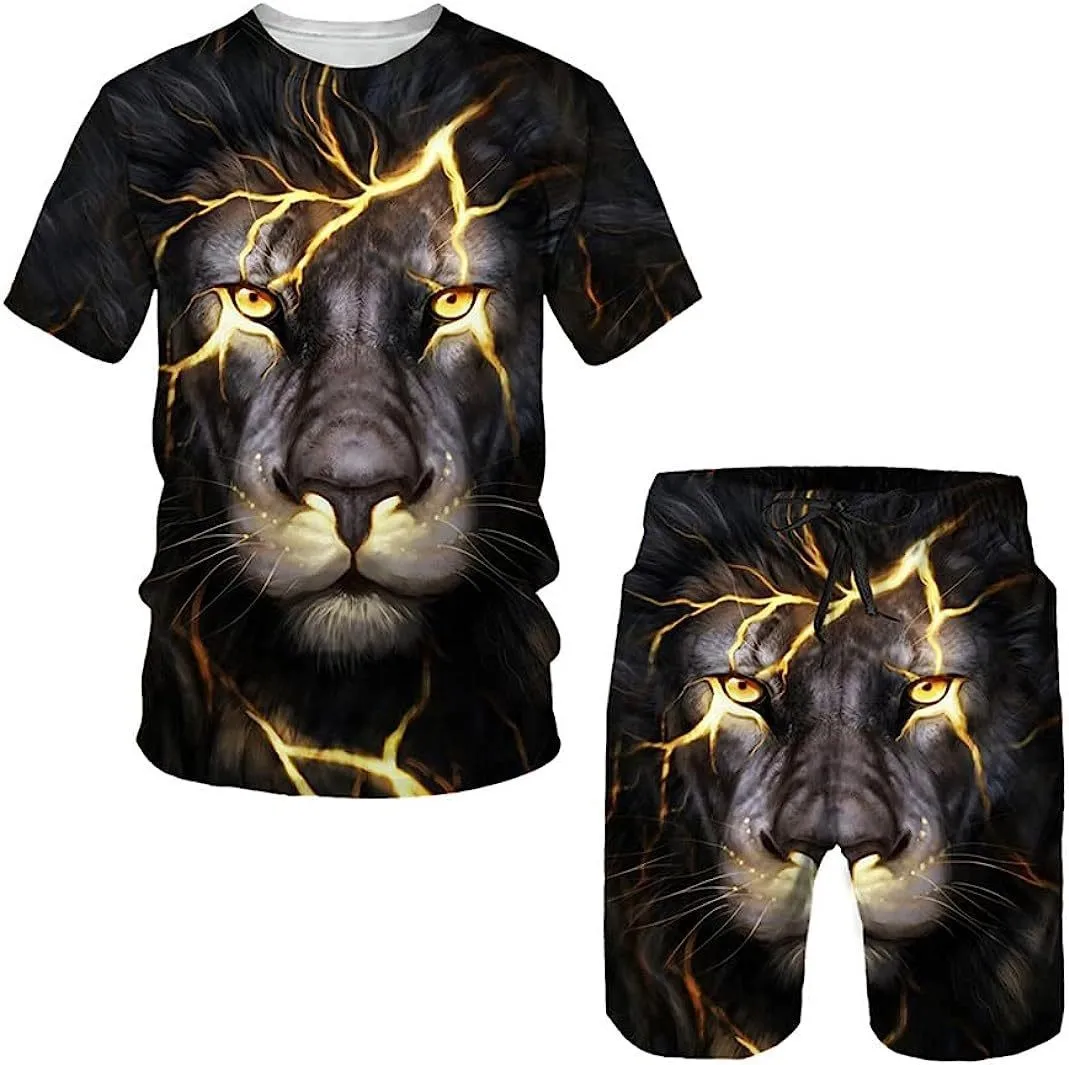 Tracksuit Short Sleeve T-shirt 2-Piece Summer Men's Lion Print Fashion Short Pants Suit Round Neck Oversized Street Jogging Wear
