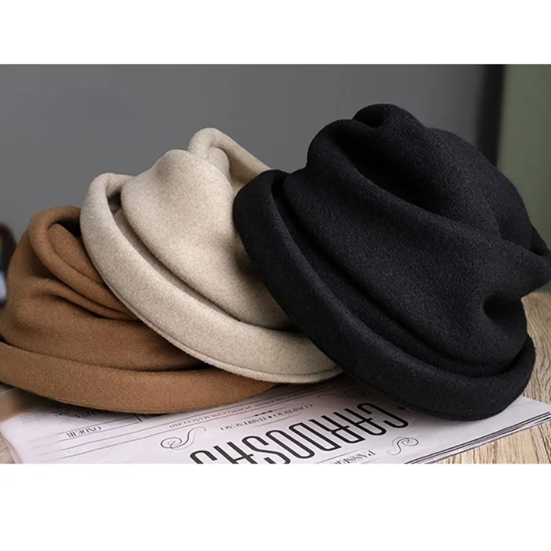 Comfortable and Warm Autumn and Winter Hat Female Japanese Wool Curled Fisherman Hat Pleated Small Brim Pot Hat