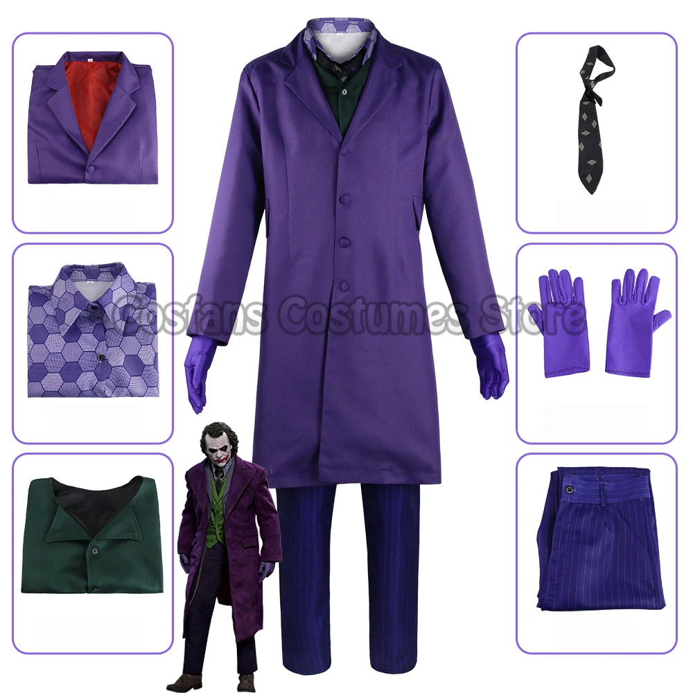 high-quality Heath Ledger Cosplay Suit Boots Wig Halloween mens Movie The Dark Knight Joker Costume Purple Jacket Full sets