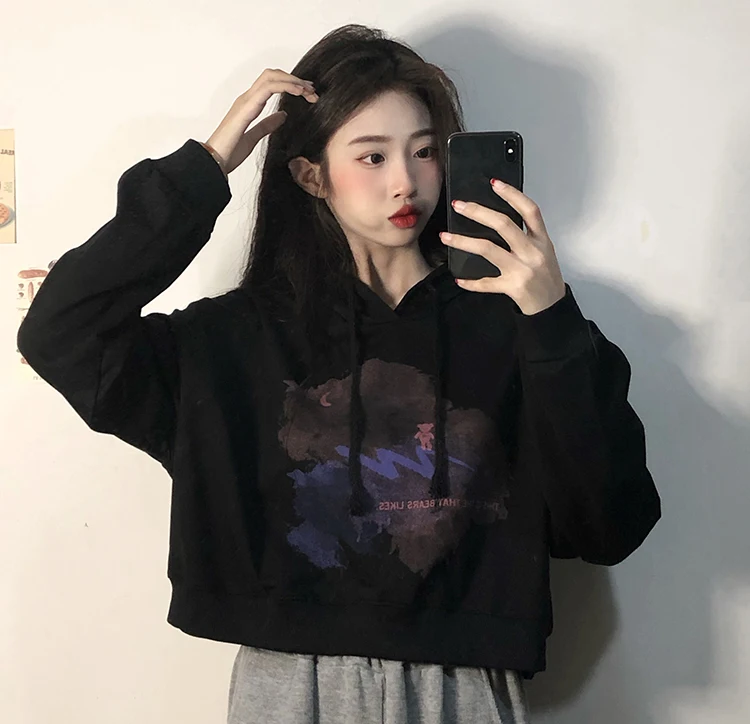 

6347 Autumn Korean version 2022 new loose gradient bear print solid color short long-sleeved hooded Sweatshirts