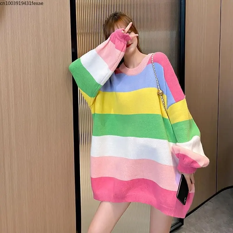 

Rainbow Knitted Sweater Women Loose 2022 New Spring/autumn Clothes Korean Hong Kong Flavor Chic Foreign Woman Sweaters Top Cute