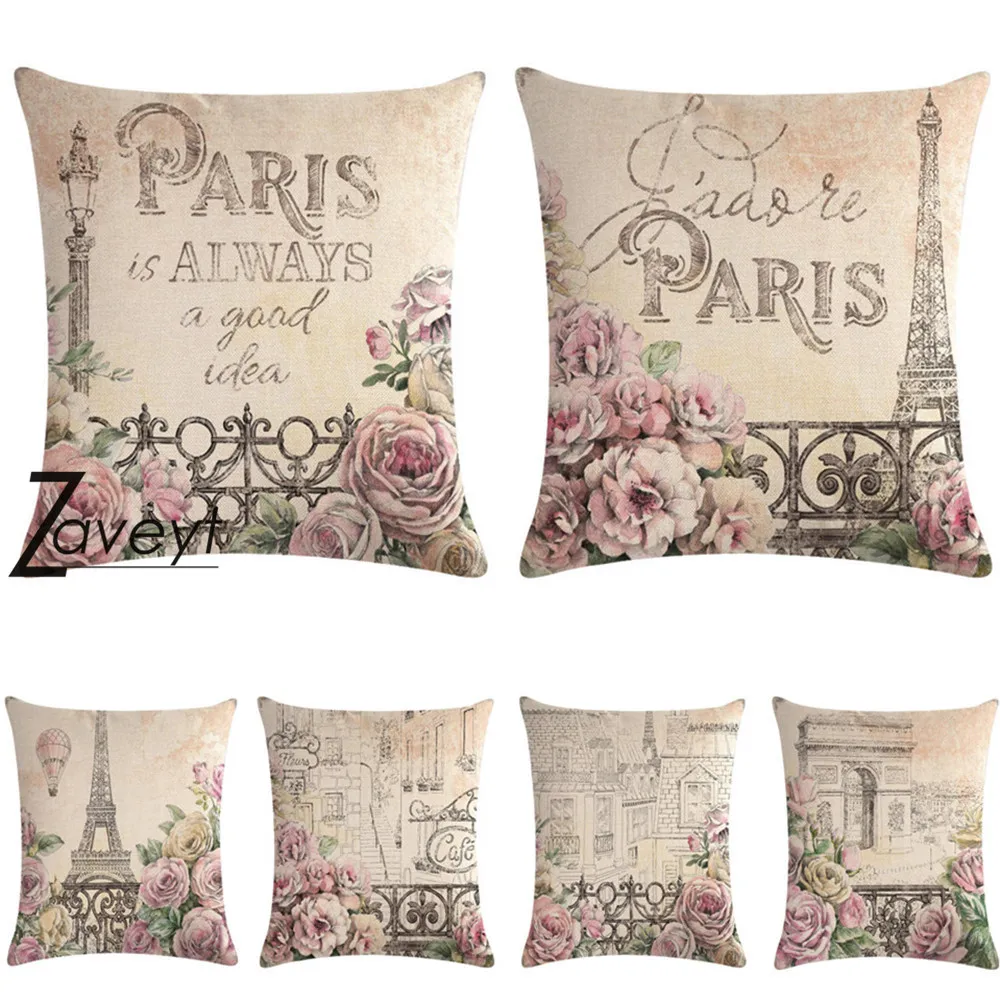 

16/18/20/24"inch France Eiffel Tower Cushion Cover Home Decor Romantic Paris Vintage Style Linen Throw Pillow Case for Sofa