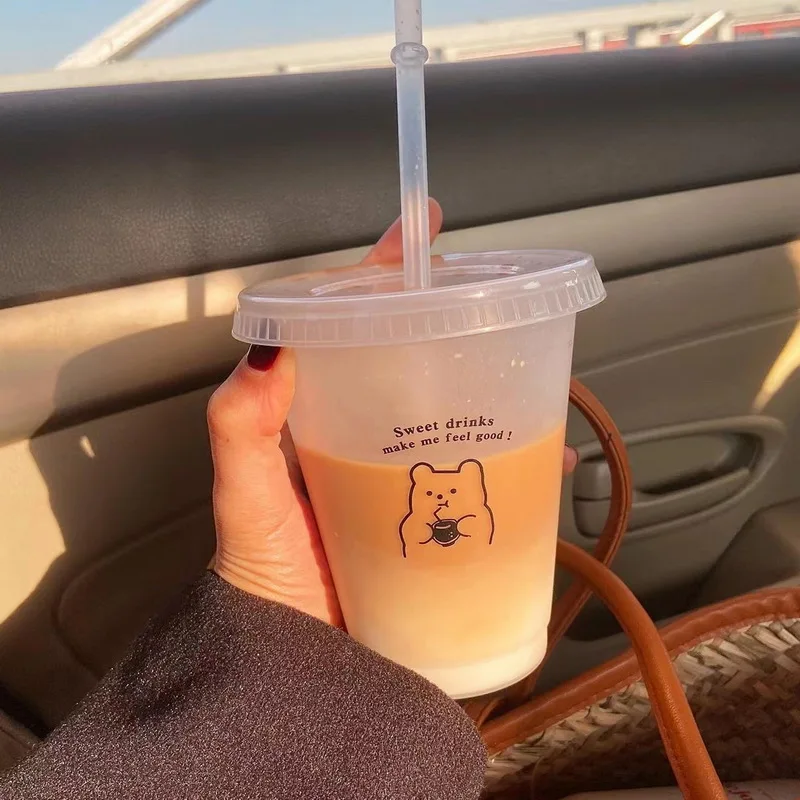 470/700ML Cute Water Bottle Coffee Juice Milk Tea Kawaii Plastic Cold Cups With Lid Straw Portable Reusable Drinking BPA |