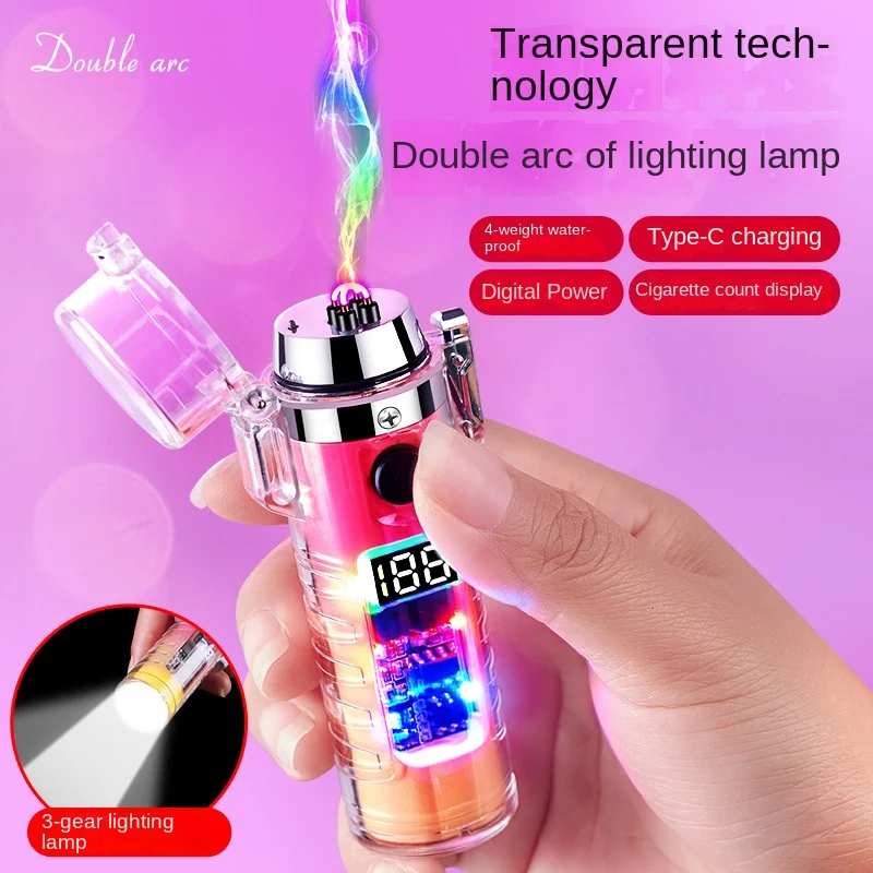 

Bright Color Transparent Shell Flashlight Arc Lighter Outdoor Adventure Lighting Digital Display Type-C Port Electronic Lighter